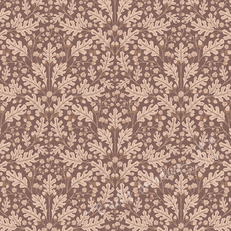 Small Scale Heritage Oak & Acorn Ogee Mocha peel and stick wallpaper pattern swatch